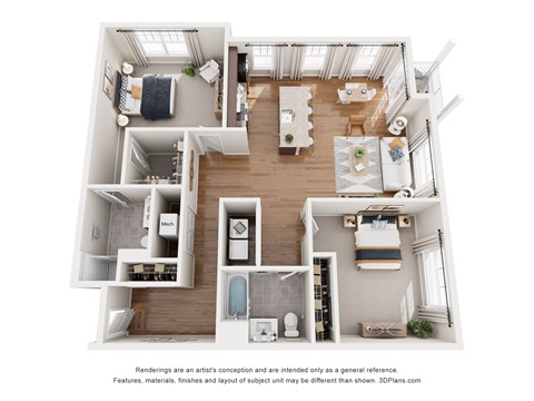 Floor plan for 2 beds, 2 baths, 1270 sqft